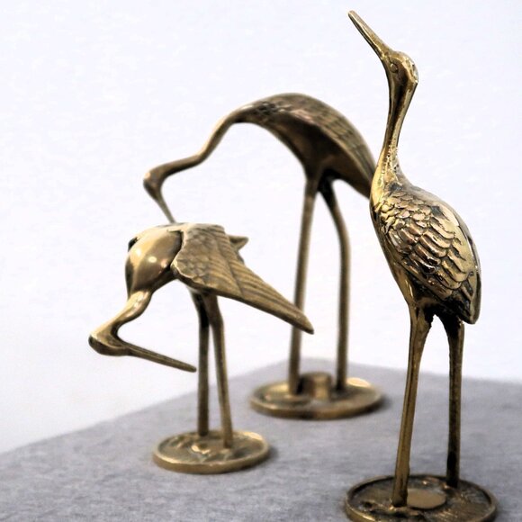 Vintage Brass Crane Birds Sculptures Trinket Decor Set of Three See Description - Picture 9 of 9